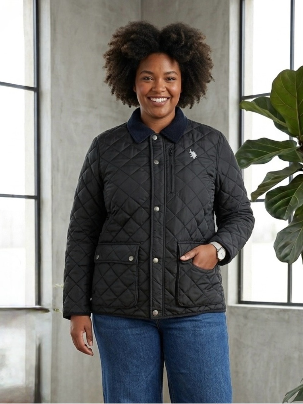 U.S. Polo Assn. Black Quilted Corduroy Collar Puffer Barn Coat Snap Buttons